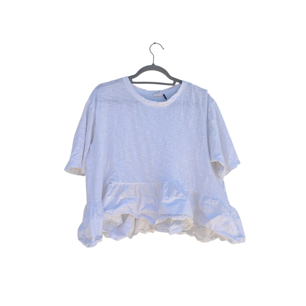 AKEMI + KIN‎ Anthropologie White Boxy Short Sleeve Shirt, Large Ruffle, Sz S